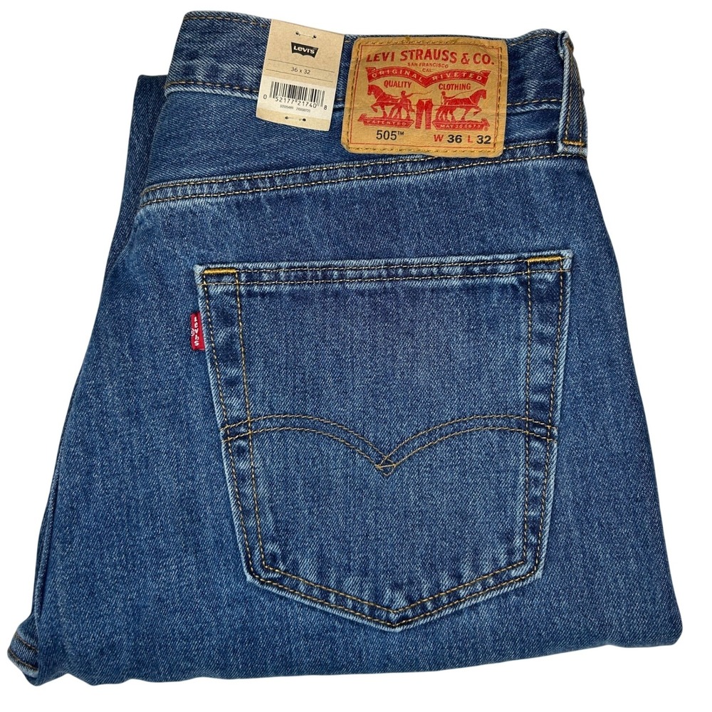 Levis 505 Regular Fit Jeans 36x32 Mens Blue Straight Leg 100% Cotton NWT